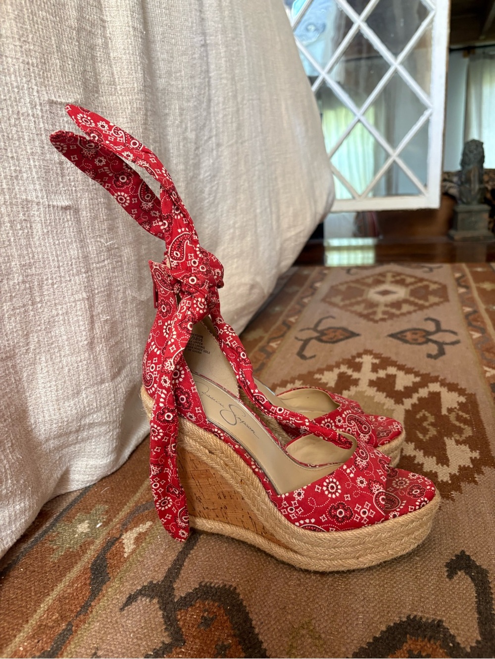 Red Bandana Espadrille Wedge Sandals - Women